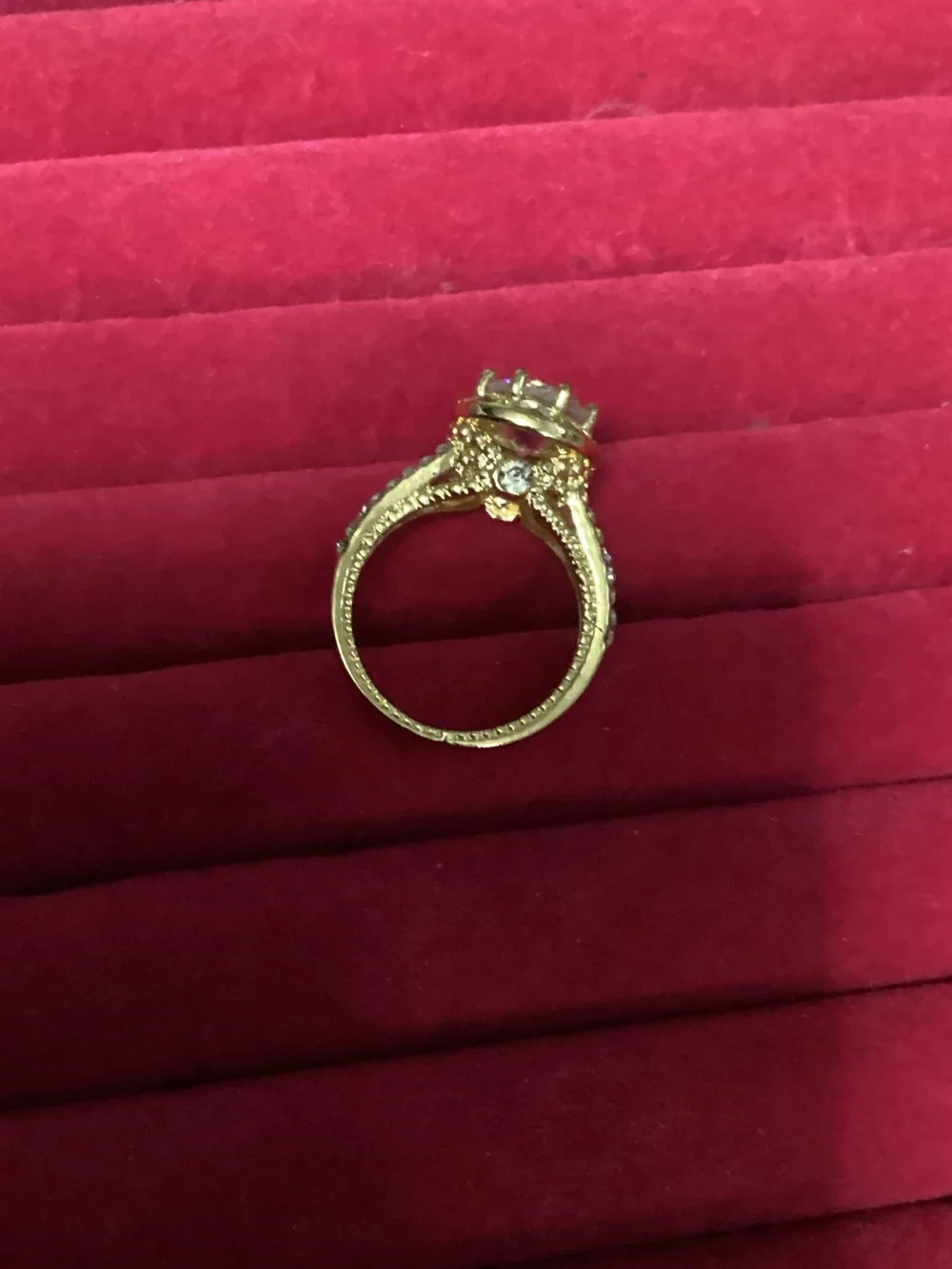 Gold Halo Solitaire Ring with Round Center Stone - size 8 - Beautiful Costume